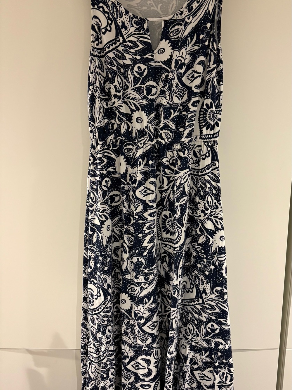 Talbots Navy and White Paisley-Print Sleeveless Maxi Dress